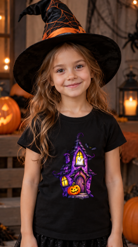 Koszulka dziecięca na Halloween z nawiedzonym domkiem, duszkiem, dynią i nietoperzem