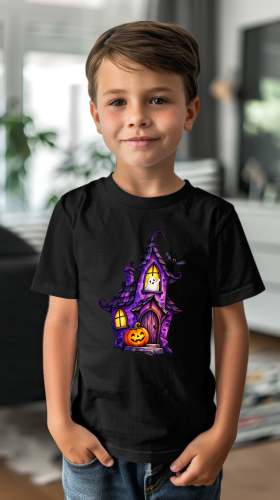 Koszulka dziecięca na Halloween z nawiedzonym domkiem, duszkiem, dynią i nietoperzem