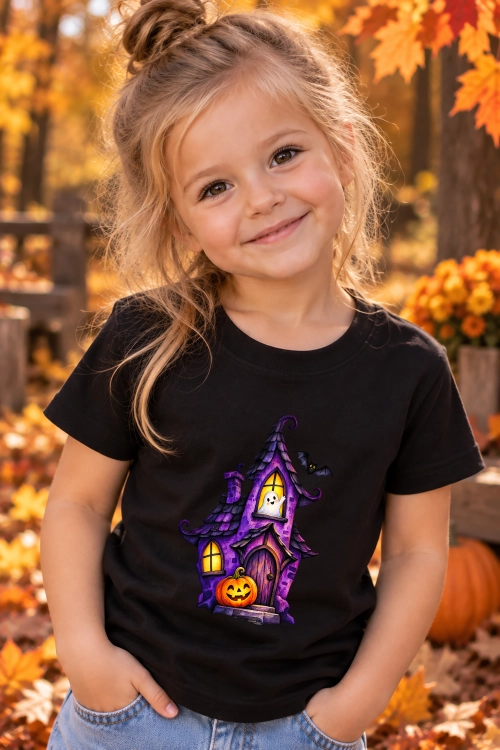 Koszulka dziecięca na Halloween z nawiedzonym domkiem, duszkiem, dynią i nietoperzem