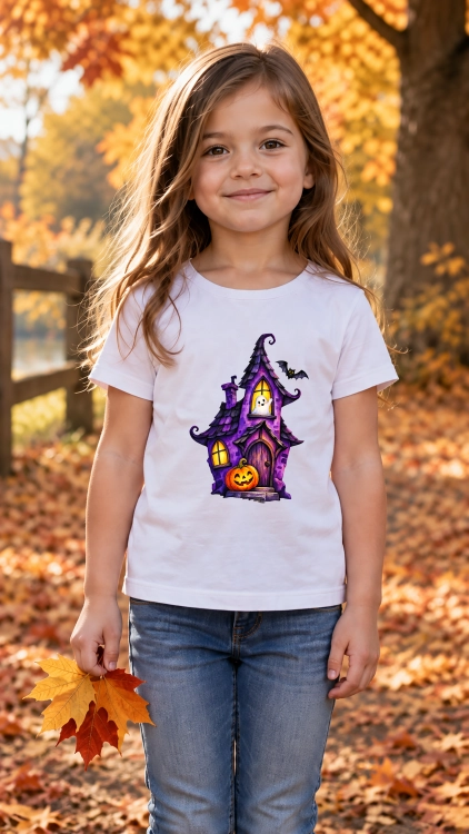 Koszulka dziecięca na Halloween z nawiedzonym domkiem, duszkiem, dynią i nietoperzem