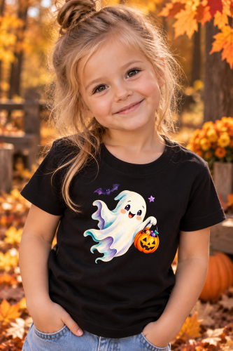 Koszulka dziecięca na Halloween z wesołym duszkiem i dynią pełną słodyczy