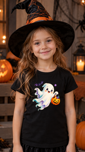 Koszulka dziecięca na Halloween z wesołym duszkiem i dynią pełną słodyczy