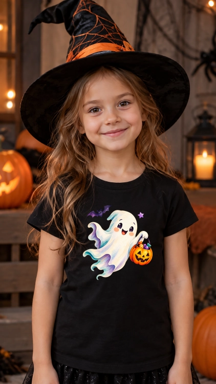 Koszulka dziecięca na Halloween z wesołym duszkiem i dynią pełną słodyczy
