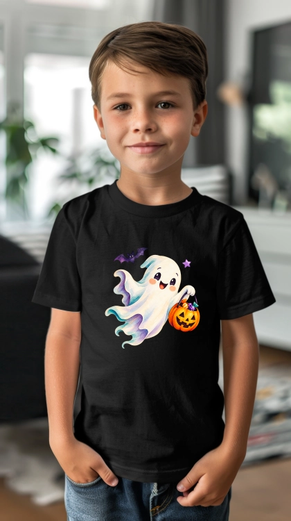 Koszulka dziecięca na Halloween z wesołym duszkiem i dynią pełną słodyczy