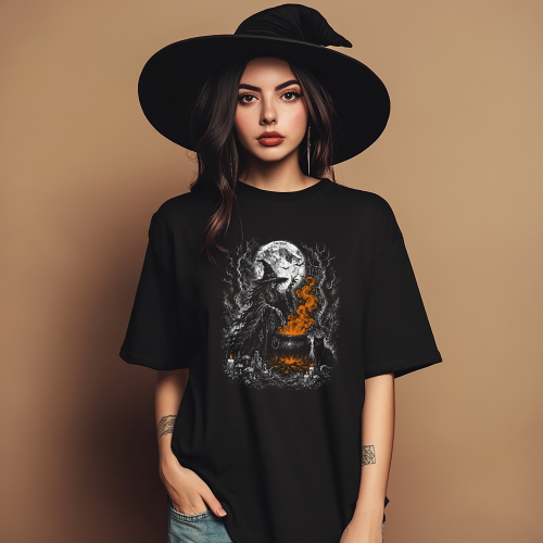 Koszulka na Halloween wiedźma z magicznym kotłem i czarnym kotem