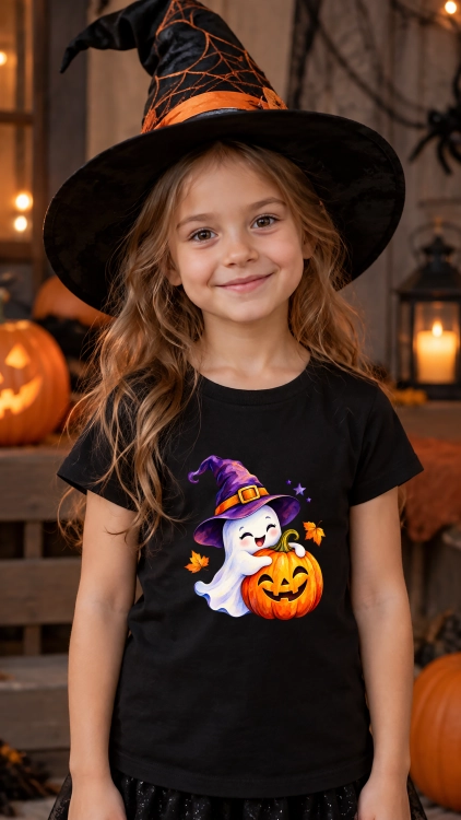 Wesoły duszek z dynią i czarodziejskim kapeluszem – grafika Halloween dla dziecka