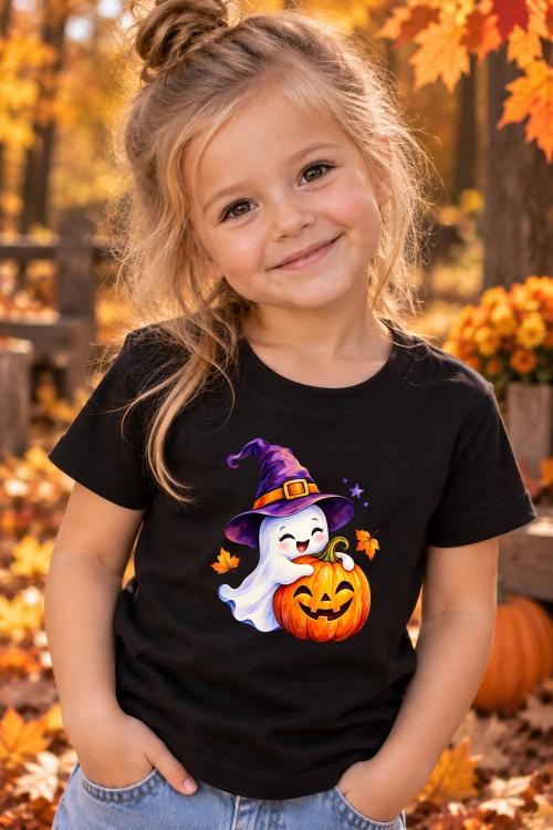 Wesoły duszek z dynią i czarodziejskim kapeluszem – grafika Halloween dla dziecka