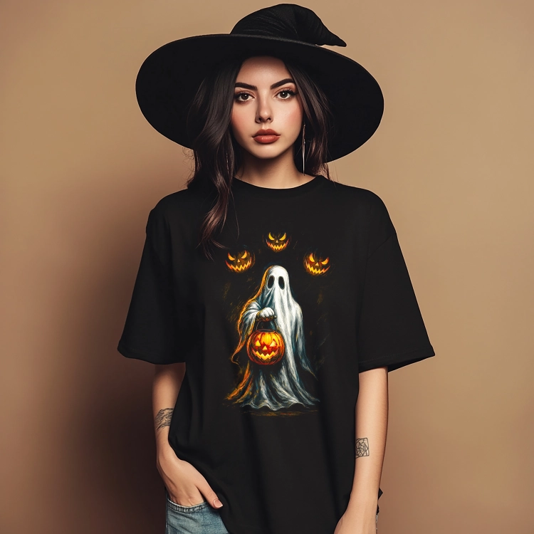 Koszulka na Halloween z duchem trzymającym dynię i mrocznymi dyniami w tle