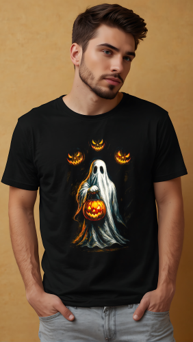 Koszulka na Halloween z duchem trzymającym dynię i mrocznymi dyniami w tle