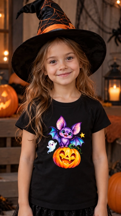 Uroczy nietoperz na dyni z duszkiem – grafika Halloween dla dzieci
