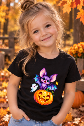 Uroczy nietoperz na dyni z duszkiem – grafika Halloween dla dzieci