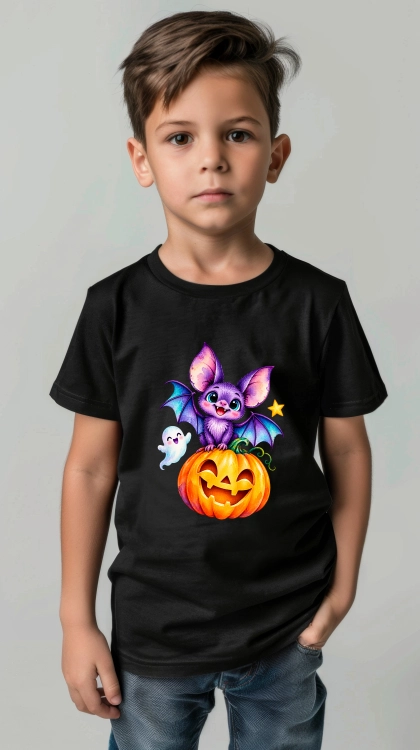 Uroczy nietoperz na dyni z duszkiem – grafika Halloween dla dzieci