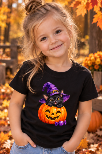 Koszulka dziecięca na Halloween z czarnym kotem w kapeluszu czarownicy i dynią