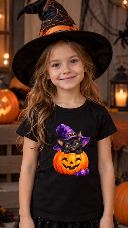 Koszulka dziecięca na Halloween z czarnym kotem w kapeluszu czarownicy i dynią
