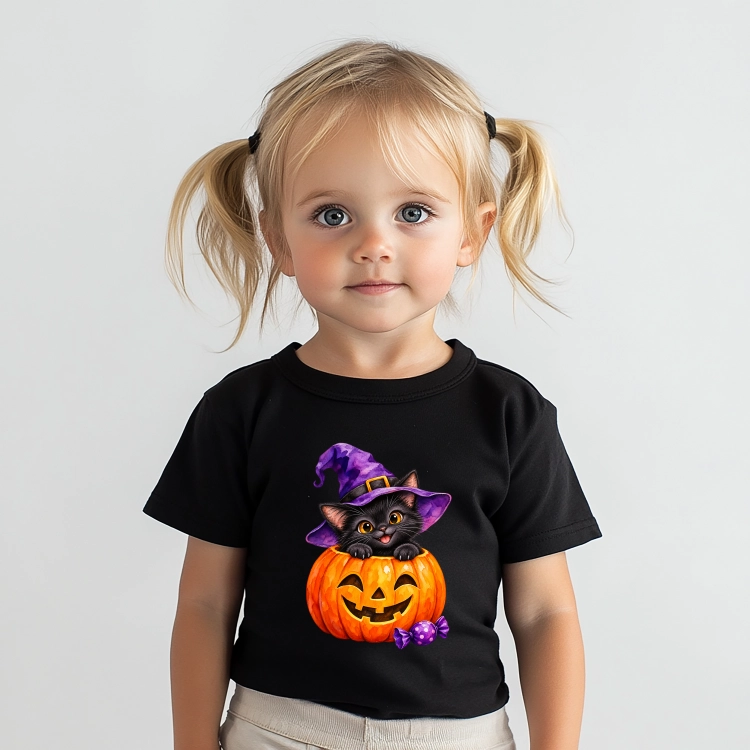 Koszulka dziecięca na Halloween z czarnym kotem w kapeluszu czarownicy i dynią