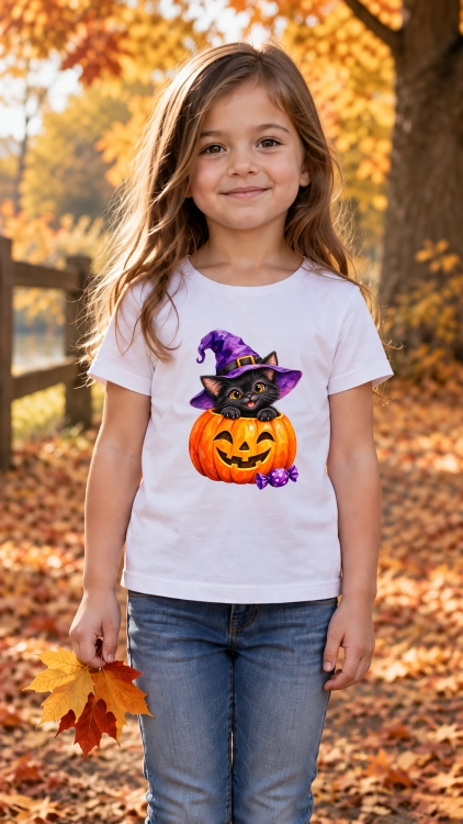 Koszulka dziecięca na Halloween z czarnym kotem w kapeluszu czarownicy i dynią