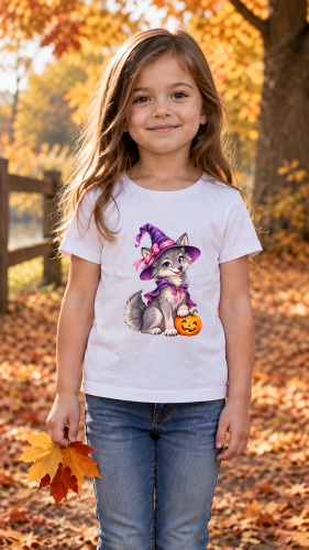 Koszulka dziewczęca na Halloween z uroczym wilkiem czarownicą i dynią