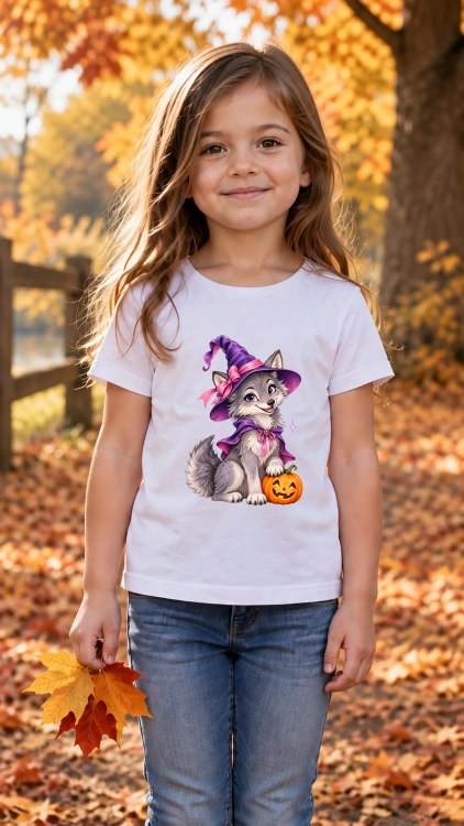 Koszulka dziewczęca na Halloween z uroczym wilkiem czarownicą i dynią