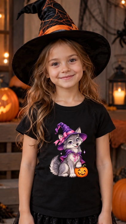 Koszulka dziewczęca na Halloween z uroczym wilkiem czarownicą i dynią