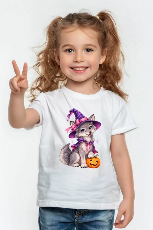 Koszulka dziewczęca na Halloween z uroczym wilkiem czarownicą i dynią