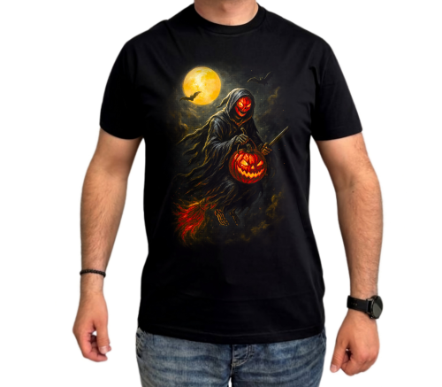 Grafika Halloween z mrocznym jeźdźcem, świecącą dynią i księżycem