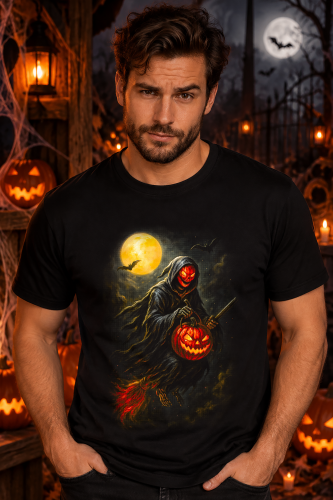 Grafika Halloween z mrocznym jeźdźcem, świecącą dynią i księżycem