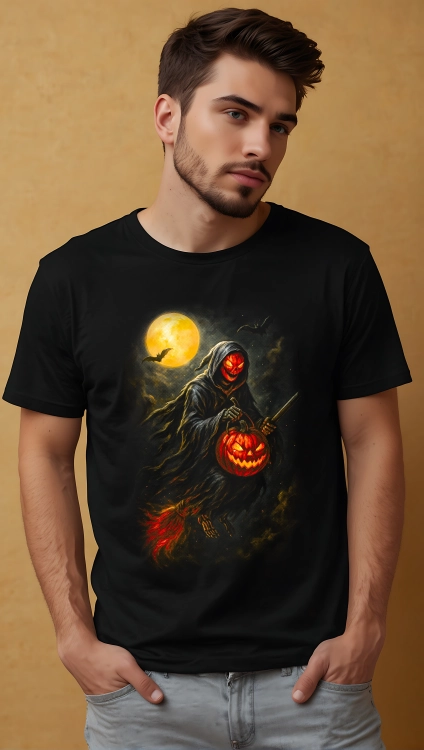 Grafika Halloween z mrocznym jeźdźcem, świecącą dynią i księżycem