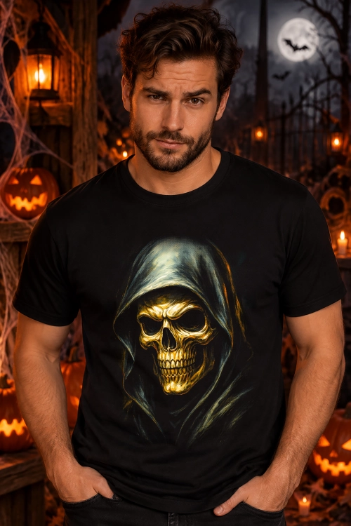 Koszulka na Halloween z czaszką w kapturze – mroczna grafika