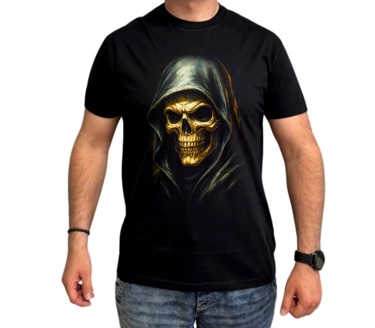 Koszulka na Halloween z czaszką w kapturze – mroczna grafika