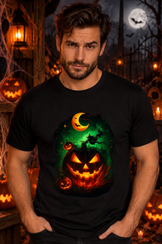 Koszulka na Halloween z mroczną świecącą dynią Jack O’Lantern i księżycem