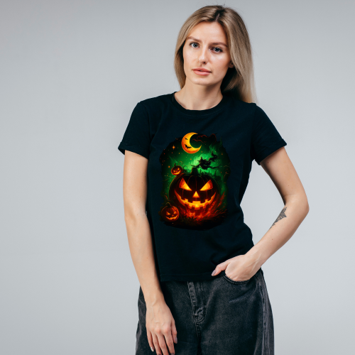 Koszulka na Halloween z mroczną świecącą dynią Jack O’Lantern, księżycem i zieloną poświatą