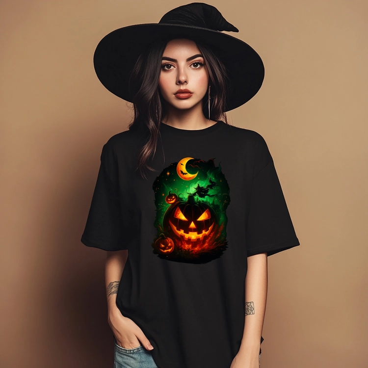 Koszulka na Halloween z mroczną świecącą dynią Jack O’Lantern, księżycem i zieloną poświatą