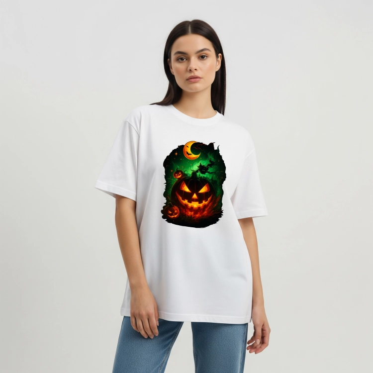 Koszulka na Halloween z mroczną świecącą dynią Jack O’Lantern, księżycem i zieloną poświatą