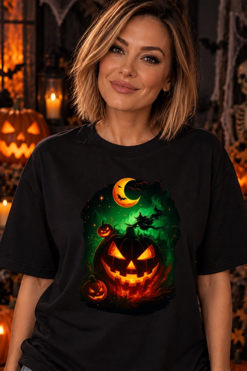 Koszulka na Halloween z mroczną świecącą dynią Jack O’Lantern, księżycem i zieloną poświatą