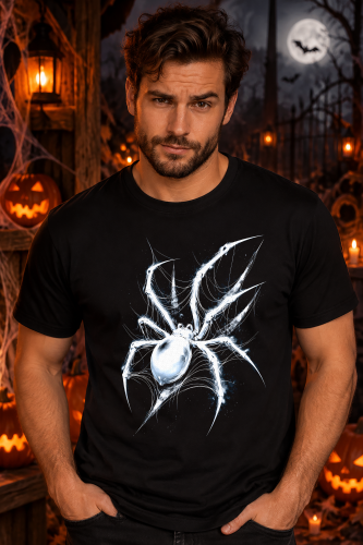 Czarna koszulka na Halloween z grafiką białego pająka w pajęczynie w mrocznym stylu