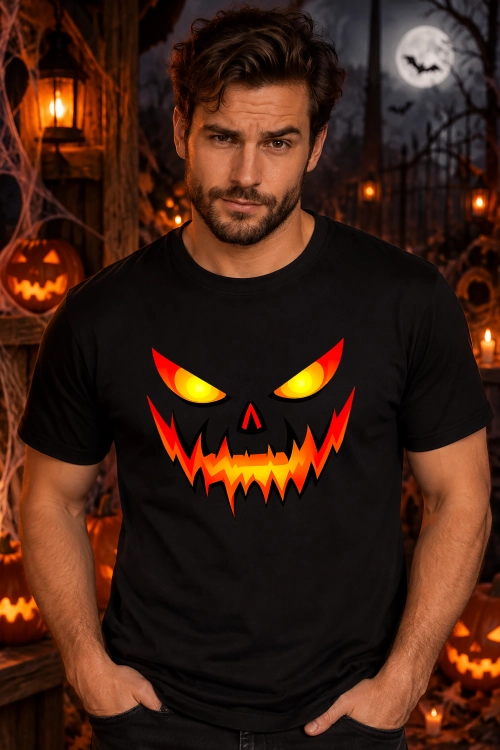 Koszulka na Halloween z przerażającą twarzą dyni, świecącymi oczami i ostrymi zębami w ognistych kolorach