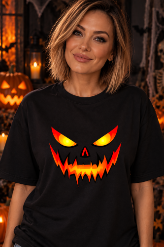 Koszulka na Halloween z przerażającą twarzą dyni, świecącymi oczami i ostrymi zębami w ognistych kolorach