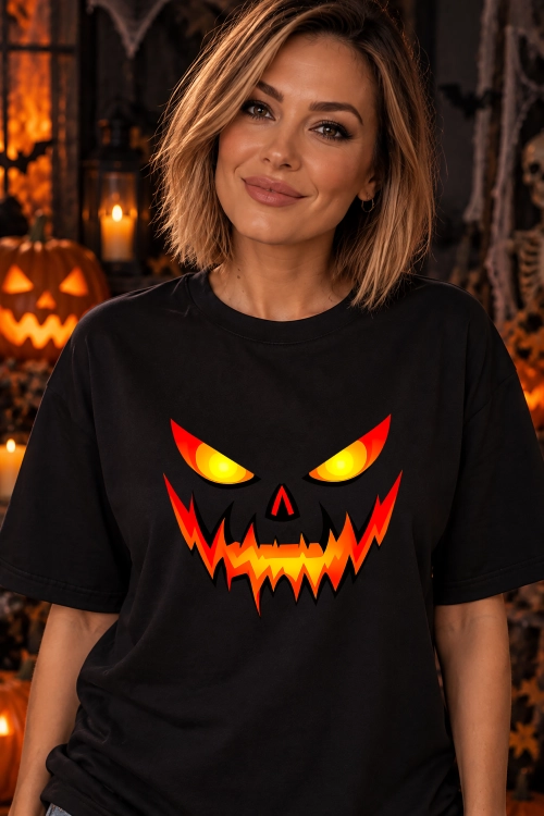 Koszulka na Halloween z przerażającą twarzą dyni, świecącymi oczami i ostrymi zębami w ognistych kolorach