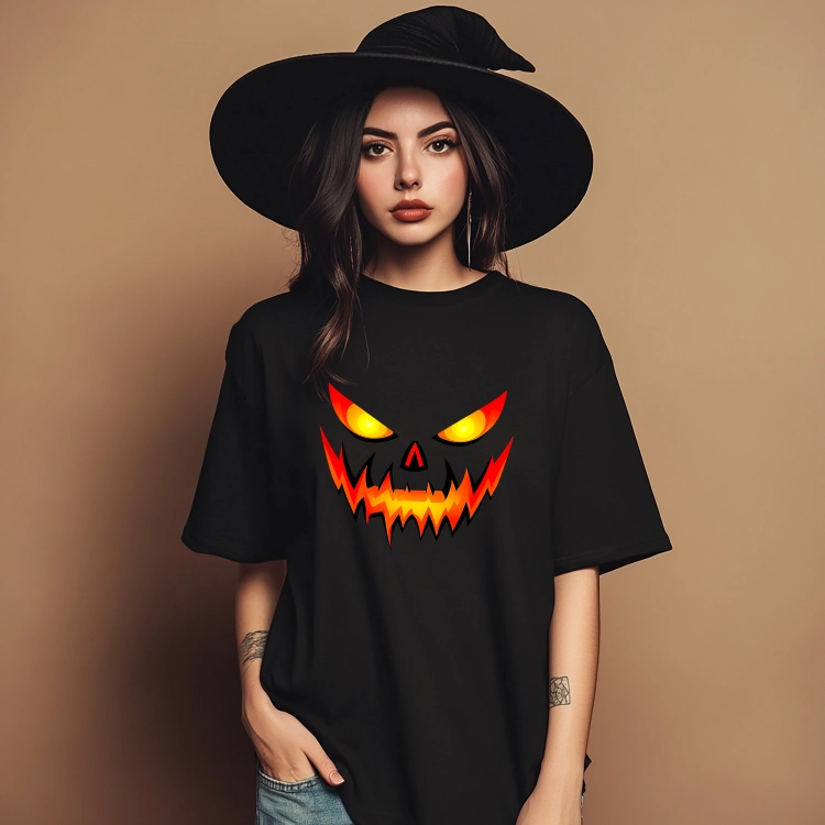 Koszulka na Halloween z przerażającą twarzą dyni, świecącymi oczami i ostrymi zębami w ognistych kolorach