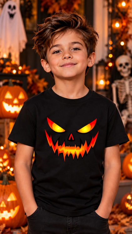 Koszulka dziecięca na Halloween z nadrukiem strasznej dyni, świecącymi żółtymi oczami i upiornym pomarańczowym uśmiechem