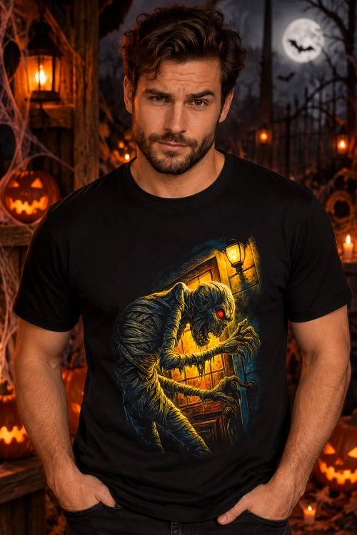 Koszulka na Halloween z przerażającą mumią, czerwonym okiem i długimi szponami – mroczna grafika horror