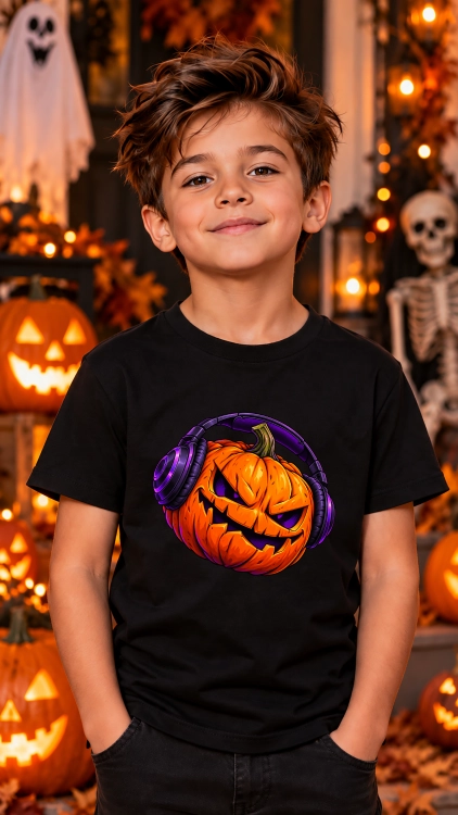 2Koszulka dziecięca na Halloween z nadrukiem strasznej pomarańczowej dyni DJ w fioletowych słuchawkach