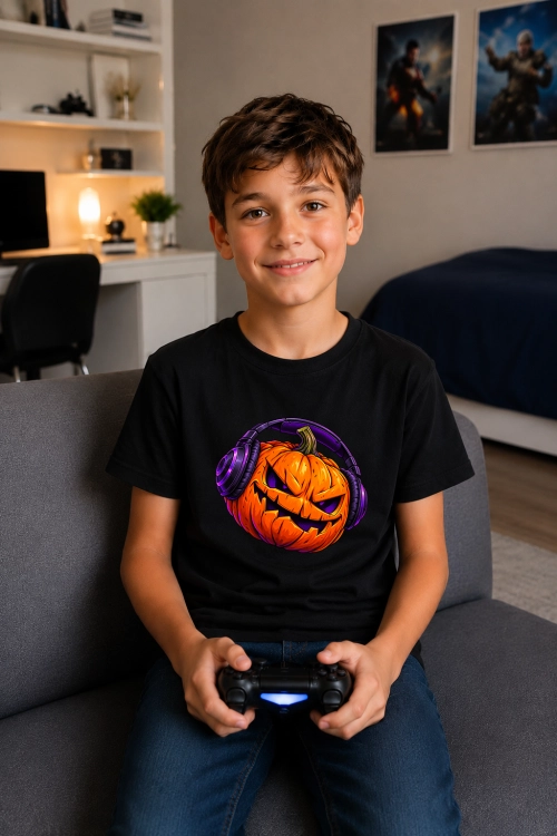 Koszulka dziecięca na Halloween z nadrukiem strasznej pomarańczowej dyni DJ w fioletowych słuchawkach