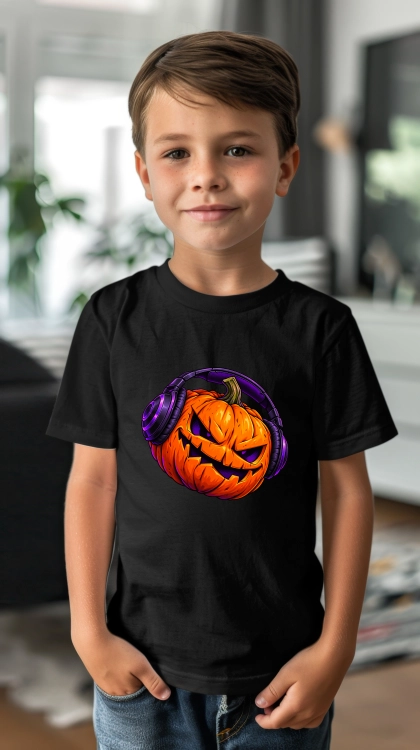 Koszulka dziecięca na Halloween z nadrukiem strasznej pomarańczowej dyni DJ w fioletowych słuchawkach