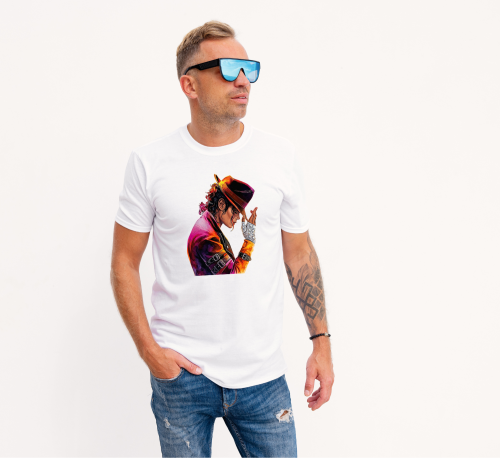 Koszulka z grafiką Michael Jackson Król Popu w kapeluszu i błyszczącej rękawiczce – kolorowy nadruk dla fanów muzyki