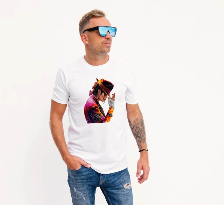 Koszulka z grafiką Michael Jackson Król Popu w kapeluszu i błyszczącej rękawiczce – kolorowy nadruk dla fanów muzyki