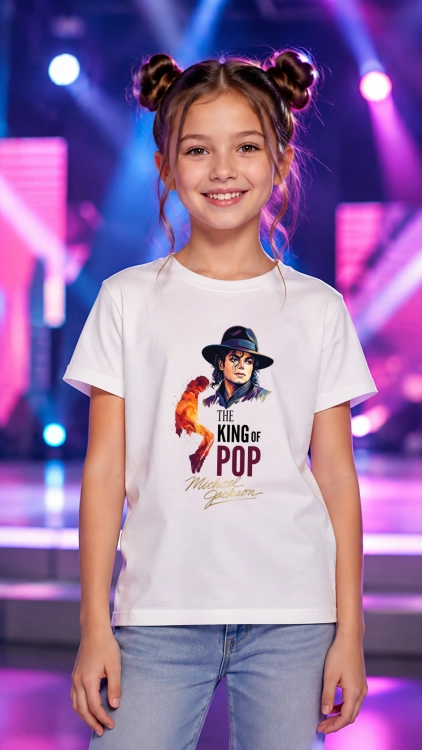 Koszulka Michael Jackson King of Pop – kolorowa grafika Króla Popu w kapeluszu z taneczną sylwetką i napisem The King of Pop