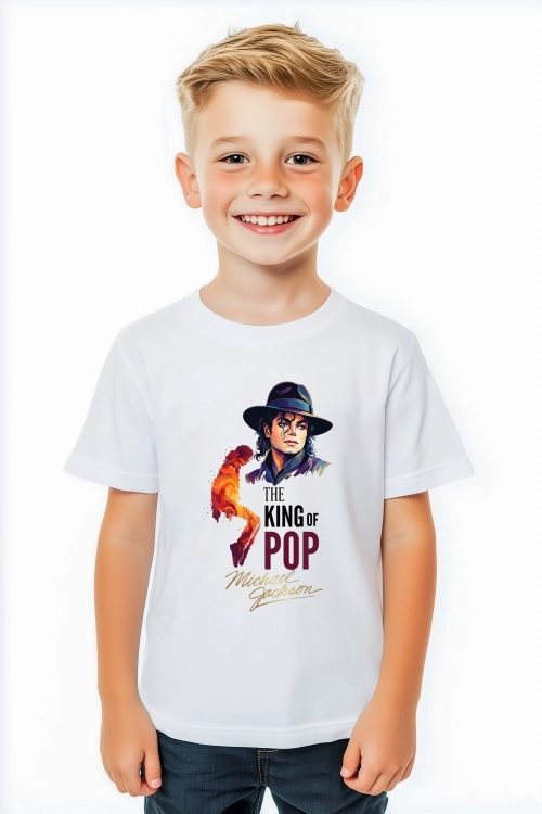Koszulka Michael Jackson King of Pop – kolorowa grafika Króla Popu w kapeluszu z taneczną sylwetką i napisem The King of Pop
