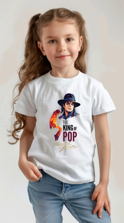 Koszulka Michael Jackson King of Pop – kolorowa grafika Króla Popu w kapeluszu z taneczną sylwetką i napisem The King of Pop
