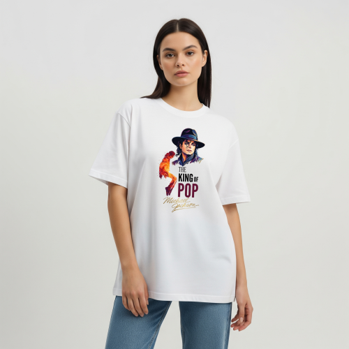 Koszulka Michael Jackson King of Pop – kolorowa grafika Króla Popu w kapeluszu z taneczną sylwetką i napisem The King of Pop